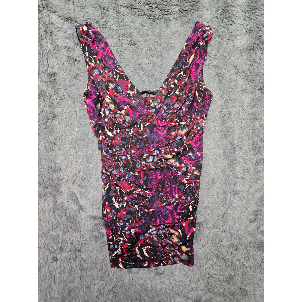 Bisou Bisou Michele‎ Bohbot Womens Pink Purple Abstract Ruched V-Neck Top Large